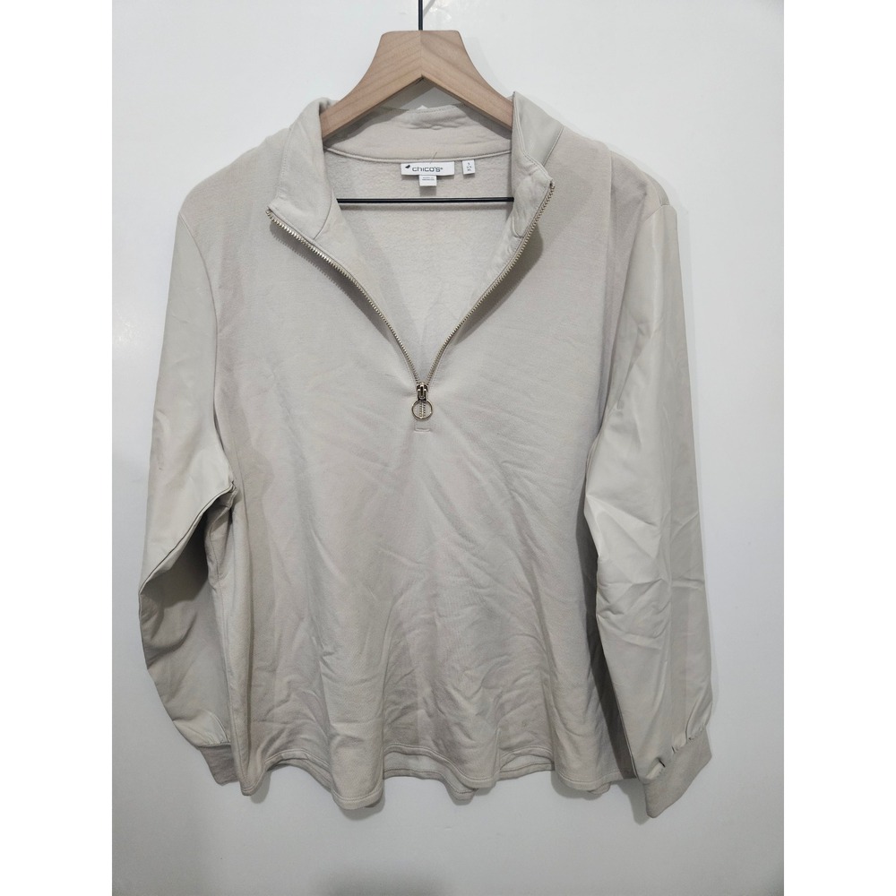 Chicos Quarter Zip Faux Leather Sleeve Pullover Beige Women XL Size 3 Mixed Medi